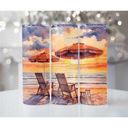 Watercolor Beach chair metal tumbler - Cute Tumblers - Insulated metal tumbler with lid and straw - Gifts for her