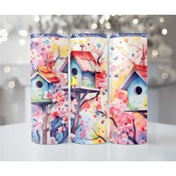 Watercolor Birdhouse Skinny Metal 20oz handmade tumblers - Hot and Cold drink cups - Insulated metal tumbler with lid an