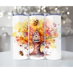 Watercolor Beehive in tree Skinny Metal 20oz handmade tumblers - Hot and Cold drink cups - Insulated metal tumbler with