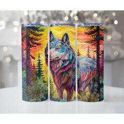 Wolf animal skinny 20oz metal tumblers, Wolf colorful nature tumbler, Tumbler cup gifts, Skinny tumblers, Gift cups