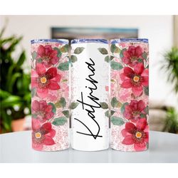 Pink Floral print Custom name metal tumbler cup, Personalized Skinny Tumbler, Sublimation Tumbler, Gift for Her, Bridesm