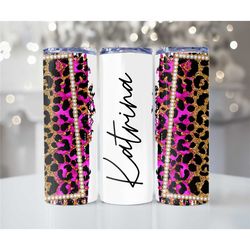 Pink leopard print Custom name metal tumbler cup, Personalized Skinny Tumbler, Sublimation Tumbler, Gift for Her, Brides