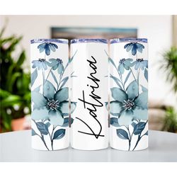 Blue Floral print Custom name metal tumbler cup, Personalized Skinny Tumbler, Sublimation Tumbler, Gift for Her, Bridesm
