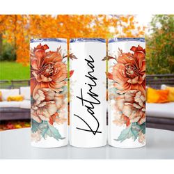 Multi colored Floral print Custom name metal tumbler cup, Personalized Skinny Tumbler, Sublimation Tumbler, Gift for Her