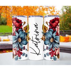 Multi colored Floral print Custom name metal tumbler cup, Personalized Skinny Tumbler, Sublimation Tumbler, Gift for Her