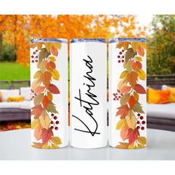 Fall color foliage metal Custom name tumbler cup, Personalized Skinny Tumbler, Sublimation Tumbler, Gift for Her, Brides
