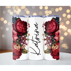 Red Floral print Custom name metal tumbler cup, Personalized Skinny Tumbler, Sublimation Tumbler, Gift for Her, Bridesma