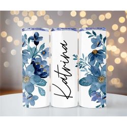 Blue Floral print Custom name metal tumbler cup, Personalized Skinny Tumbler, Sublimation Tumbler, Gift for Her, Bridesm