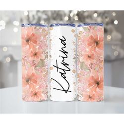 Custom name metal tumbler cup, Personalized Skinny Tumbler, Pink Floral Sublimation Tumbler, Gift for Her, Bridesmaid Gi