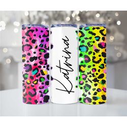 Rainbow leopard print Custom name metal tumbler cup, Personalized Skinny Tumbler, Sublimation Tumbler, Gift for Her, Bri