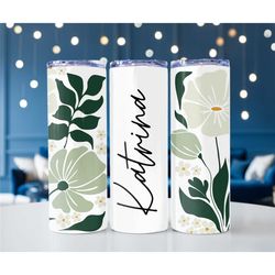 Sage green plant Sublimation Tumbler, Personalized Skinny Tumbler, Gift for Her, Bridesmaid Gift, Custom name metal tumb