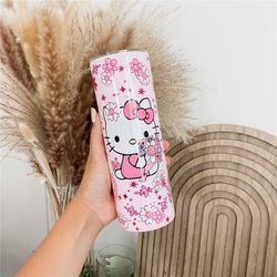 Spring Kitty Insulated Tumbler with Straw Hello Kitty Reusable Coffee Travel Mug Pink Flowers for Spring Season Water Tu