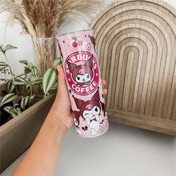 Kawaii Kuromi Insulated Tumbler with Straw Black Reusable Coffee Travel Mug Pink Strawberries Reusable Water Tumbler