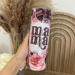 Black Pink Floral Mama Insulated Tumbler with Straw, Pink Flowers Reusable Coffee Travel Mug for Mother's Day Gift hot a