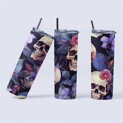 Gothic Floral Skull 20oz Skinny Tumbler, Edgy Botanical Stainless Steel Cup, Unique Skull & Flower Design, Artistic Drin