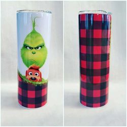 grinch & max, grinch face, 20oz stainless steel red and black buffalo plaid grinch tumbler with slider lid and straw, ch