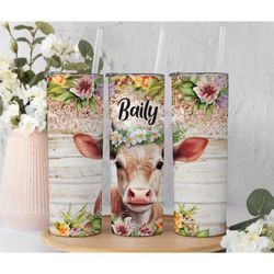 Personalized Floral baby Cow Tumbler With Straw and Lid,Cute cowTumbler with Name Gift For cow Lover,Floral Farm Animal