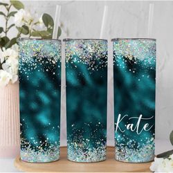 Personalized tumbler with lid and straw, faux teal holographic glitter to go mug, Best friends gifts, personalized gift