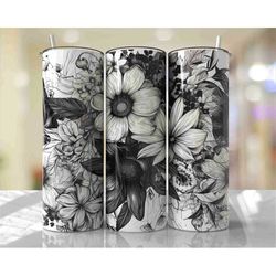 Black and White Floral Flower 20oz Skinny Tumbler With Straw & Lid, Travel Mug, Cup, Double Wall, Mother's Day. Gift For