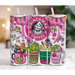 3D Inflated Puffy Look Grinch Funny Pink Christmas Vibes, Retro Merry Christmas  20oz Tumbler Insulated Travel Cup Gift
