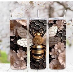 3D Bee Honeycomb Black and Gold 20oz Skinny Tumbler W/ Straw, Custom Stainless Cup, Travel Mug, Custom Tumbler, Gift for