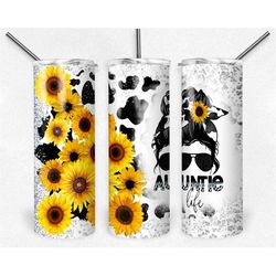 Auntie Life Cow Print Sunflower Tumbler 20 oz Skinny Tumbler with Straw, Travel Cup Mug Double Wall Insulated, Gift For