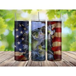 Fishing Enthusiast Tumbler Cup with American Flag Design, Outdoorsy Gift for Him, Bass Fishing Tumbler for Dad, Birthday