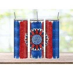 Patriotic Tumbler Cup, Sunflower Gifts for Her, Glitter Tumbler with Straw, Sunflower Tumbler for Fourth of July, Americ