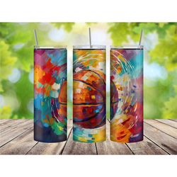 Watercolor Basketball Tumbler Cup, Basketball Lover Gift for Him, Sports Tumbler with Straw and Lid, Basketball Tumbler