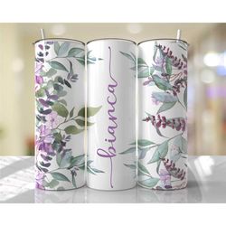 Personalized Skinny Tumbler, 20 oz Stainless Steel Purple Floral Skinny Tumblers, Bridesmaids Tumblers, Custom Bachelore