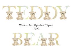Watercolor teddy bear, letters, baby boy alphabet, birthday numbers, clipart abc, png.