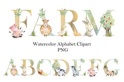 Watercolor Alphabet, Farm Animals, clipart abc.