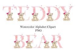 Watercolor teddy bear, letters, baby girl alphabet, birthday numbers, clipart abc, png.