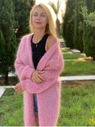 Mohair Long Cardigan, Pink mohair, Oversized cardigan, Opent front Chunky sweater, Wool coat, Winter jacket, Hand made