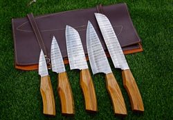5 Pcs Custom Handmade Damascus Steel Chef Set, Chef Knives, Damascus Chef knife Set With Leather sheath Cover