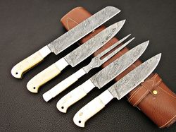 Custom Hand made Damascus Steel Kitchen / Chef Knives Set 5 Pcs With Sheath