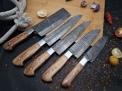 Custom Handmade Damascus Steel 5pc Chef/Kitchen Knife Set - Olive Wood Handle