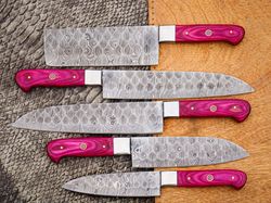 Handmade Damascus 5pc Pink Chef kitchen knife Set With Leather Roll Bag
