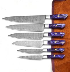 custom handmade damascus kitchen knife set- steel blade chef knives sets with leather roll case bag-6pc professional che