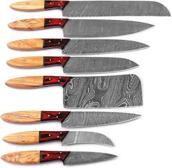 Handmade Professional Kitchen Damascus Knife Set, 8pcs Best Damascus Steel Chef Kitchen Knif set With Storage Roll Case