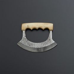 Custom Handmade Damascus Steel Ulu Knife Handle Cow Bone With Leather Sheath