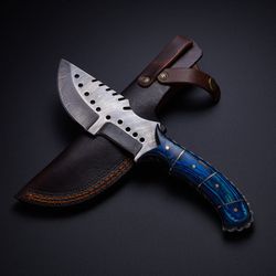 Custom Handmade Damascus Steel Tracker Knife Blue Hard Wood Handle With Leather Sheath