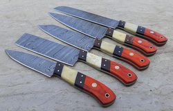 damascus knives - custom handmade damascus steel chef kitchen knife set 5 pcs