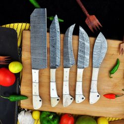 handmade set with 5 knives, butcher knife, bread knife, table knife, vegetable knife, kitchen knife set for home cooking