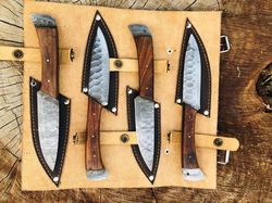 handmade damascus steak knife set of 4 bbq knife kitchen knives  with leather cover