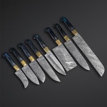 CHEF KNIVES SET OF 8 PCS HAND MADE DAMASCUS STEEL BLADE WITH LEATHER ROLL KIT