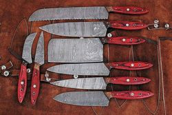 8 piece Custom Made Damascus steel Chef set Wood Handle and leather Roll kit