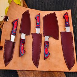 5 pieces Set of kitchen chef knives pro blade Damascus kitchen set Damascus knives with leather sheath