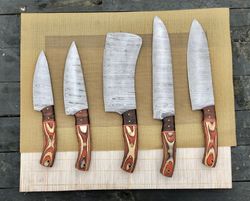 5 pieces handmade damascus kitchen knife chef's knife set and leather roll kit