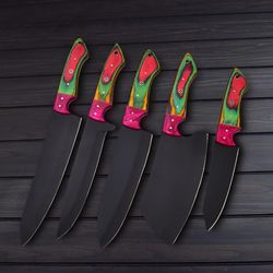 Handmade Carbon Steel Kitchen Set With 2 Varity Colors and Free Leather Cover // SET OF 5